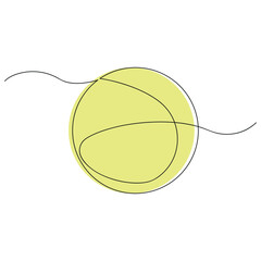 Tennis ball in one continuous line in color. One line drawing, minimalism. Vector illustration.
