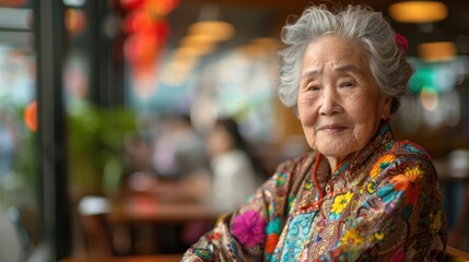 Obraz premium Against vibrant backgrounds, a dignified grandma's peaceful smile radiates with the serenity and fulfillment of a life well-lived
