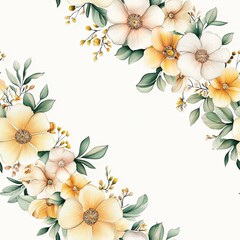 Soft, pastel-colored floral design featuring delicate white and yellow flowers surrounded by green leaves on a light background.