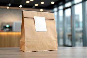 Paper bag with sticker mockup, Office blurred background.