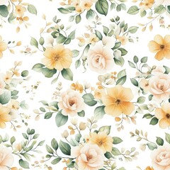 A delicate floral pattern featuring soft peach and cream roses, complemented by greenery, perfect for a fresh, romantic aesthetic.