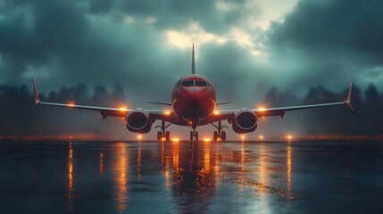 Airplane on Runway in Rain 3D Illustration
