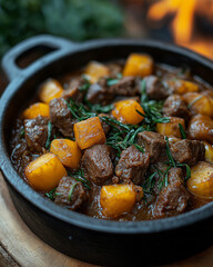 Rustic cast iron pot with stew over a fire, captured in natural lighting. Perfect for culinary visuals, rustic cooking themes, or traditional recipes