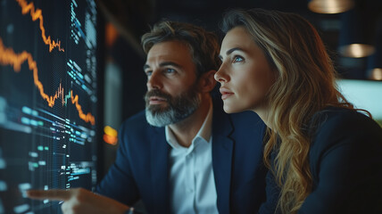 Business team analyzing financial data on digital screens