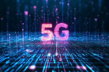A high-tech 5G communication concept featuring fast internet connectivity, fiber optics, and advanced technology, highlighting the future of digital communication and innovation