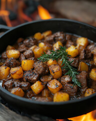 Rustic cast iron pot with stew over a fire, captured in natural lighting. Perfect for culinary visuals, rustic cooking themes, or traditional recipes