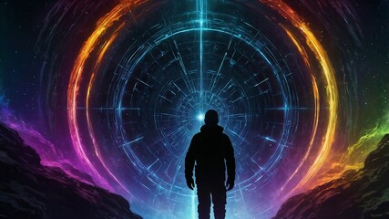 Silhouette of a person entering to the Star gate portal surrounded by energy of different colours, sci fi fantasy art horizontal background	