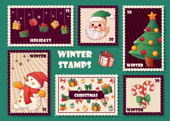 Collection postage stamps with illustration of winter and christmas element. Vector illustration perfect for design of envelope decoration. Merry Christmas, cozy winter, New Year concept.
