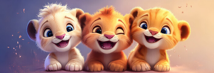Fototapeta premium Cartoon Baby Lion and Tiger Friends for Children's Friendship and Playtime Banner Poster