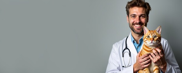 Veterinarian with a friendly ginger cat, suitable for pet care banner.