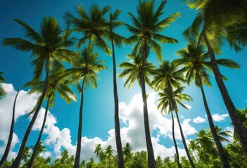 Obraz premium vivid green palm trees silhouetted bright blue sky fluffy white clouds tropical paradise setting, nature, foliage, landscape, sunshine, summer, leaves