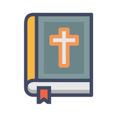 A colorful vector icon representing a closed book with a cross symbol, signifying religious faith and spiritual guidance, ideal for educational and worship-related applications