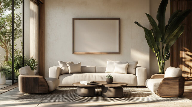 Poster und Bilderrahmen Mockup im modernen Wohnzimmer – fotorealistisches 3D-Rendering für Bildplatzierung