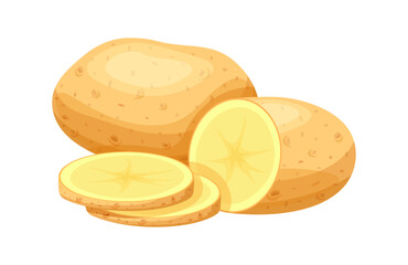 Group of potatoes in cartoon style. Vector illustration of fresh, tasty potato whole and cut in half, slices isolated on white background. Healthy food. Vegetables. Harvest. Root crops.Young potatoes.