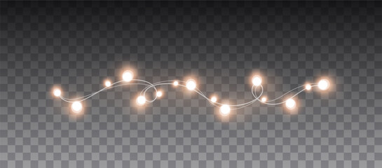 Lights bulbs isolated on transparent background. Glowing fairy Christmas garland string. Vector New Year party led lamps decoration