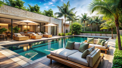 Fototapeta premium Modern villa with cozy sofas by the outdoor pool