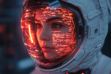 A woman in a space suit with a glowing face