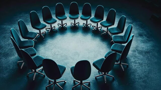 In a softly illuminated space, rows of empty chairs form a circle, exuding an atmosphere of expectancy for an insightful dialogue about important topics