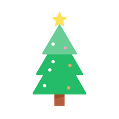 A vibrant vector icon of a Christmas tree decorated with colorful ornaments and topped with a bright yellow star, perfect for festive design projects and holiday celebrations