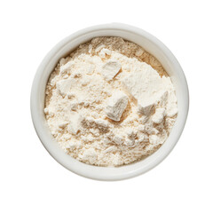 Whey protein powder in a transparent bowl on a clean surface ready for healthy recipes or shakes, whey protein in a bowl on transparent background