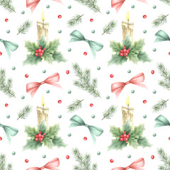 Christmas watercolor seamless pattern with candle, bows, holly, berries, leaves and spruce branches. Hand drawn winter illustration isolated on white for New Year festive packaging paper and designs.