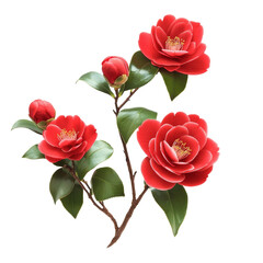 Obraz premium Vibrant camellia flowers with lush green leaves isolated on a transparent background for artistic display, camellia flowers isolated on transparent background