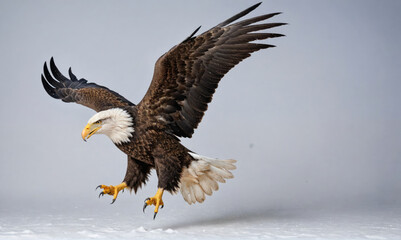 A bald eagle soars over a snowy landscape, its wings outstretched in a powerful display of flight