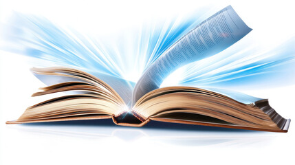 open book with rays of light shining out, symbolizing knowledge and inspiration. pages are turning, creating dynamic and uplifting atmosphere