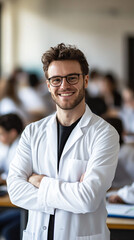 Fototapeta premium Young scientist confidently poses in lab with colleagues working in background