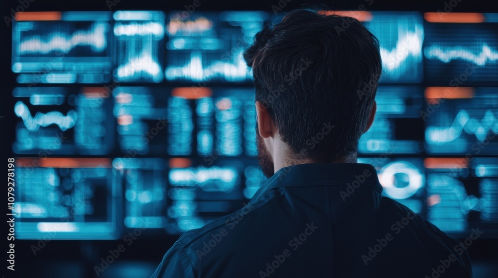 Poster businessman analyzing financial data on multiple screens in dark room