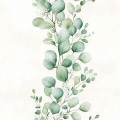 Obraz premium A delicate watercolor illustration of lush green leaves arranged vertically on a soft beige background, conveying a serene and natural atmosphere.