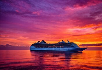 majestic cruise ship silhouetted vibrant sunset sky warm hues purple reflected tranquil ocean surface, beach, yacht, waves, reflection, tropical, travel