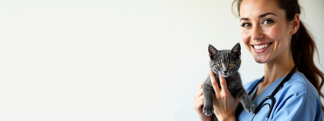 Happy vet with kitten, great for pet health display.