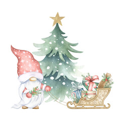 Christmas gnome with sledge and presents, spruce snow-covered with festive golden star decoration on top. Hand drawn watercolor isolated illustration for Happy New Year greeting cards and designs.