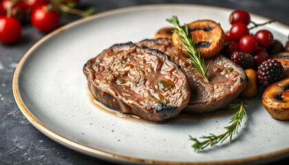 Fried dry aged venison tenderloin fillet medallion steak natural with mushrooms and forest berries as closeup on a modern design plate with copy space isolated with white highlights, png