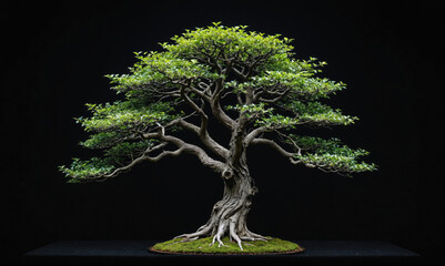 A bonsai tree with intricate branches and lush green leaves is displayed against a black background