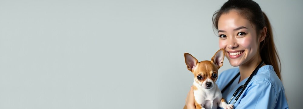 Veterinarian with chihuahua, perfect for pet care clinic banner.