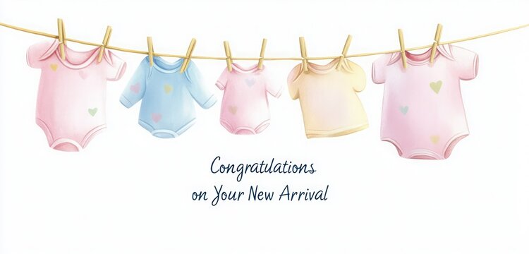 A simple, heartfelt card for new parents, featuring pastel baby clothes on a clothesline and a "Congratulations on Your New Arrival" message in playful lettering.