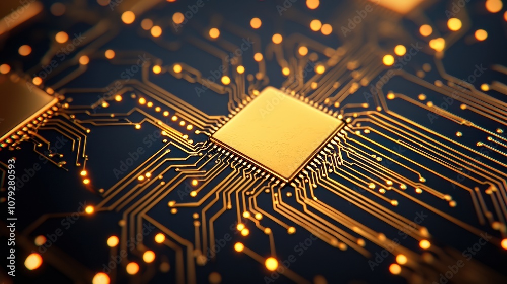 Poster golden cpu connecting electronic circuits on motherboard