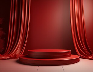 red podium background product luxury velvet curtain stage cloth platform display red 3d podium background silk fabric premium stand scene table elegant pedestal reveal gift abstract fashion studio