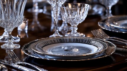 A luxurious table setting featuring elegant dinnerware and sparkling crystal glassware, exuding sophistication and a sense of timeless style in an opulent dining environment.