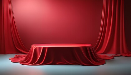 red podium cloth background silk fabric table cover pedestal satin curtain cloth product podium red reveal stand stage gift studio platform luxury display texture award mystery box premium magenta