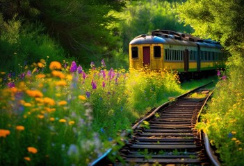 Fototapeta premium colorful wildflowers flourish along abandoned train tracks creating captivating nature scene lush greenery, adventure, arts, avocado, beauty, botanical