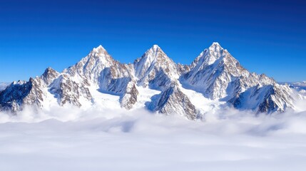 Fototapeta premium Tall, rugged mountain peaks covered in snow tower over a white cloud blanket, creating a breathtaking view against the vibrant blue sky on a clear day