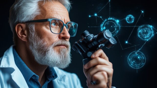 senior scientist, wearing glasses and a lab coat, closely studies samples through a microscope. Digital patterns and data visualizations surround him, showcasing advancements in research