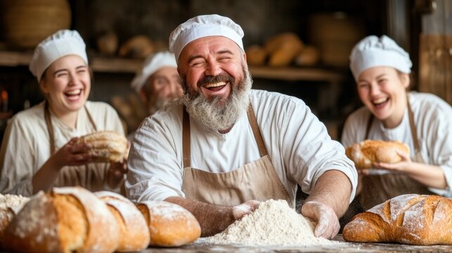 group of joyful bakers is hard at work in a rustic bakery, surrounded by fresh loaves of bread. Flour dust fills the air as they share laughter and a love for their craft