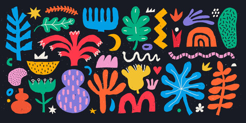 Abstract set of various shapes, figures and plants for dark background. Modern trendy vector sticker set of various blobs and design elements in hand drawn color crayon pencil style.