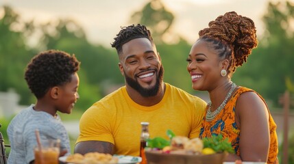 A happy family shares laughter and delicious food outdoors, creating cherished memories during a warm sunset in a beautiful garden