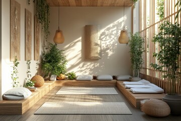 Fototapeta premium eco-friendly meditation space, tranquil meditation space with sustainable mats, wooden dcor, and live plants to enhance relaxation