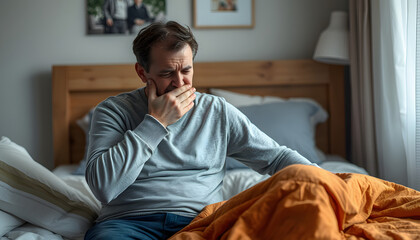 Fototapeta premium Sick man coughing on bed at home. Cold symptoms isolated with white highlights, png